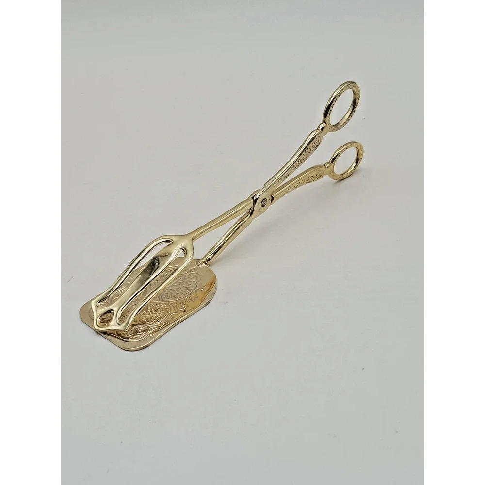 Ornate Gold Tone Engraved Tongs 7.5in Floral Scroll Serving Utensil